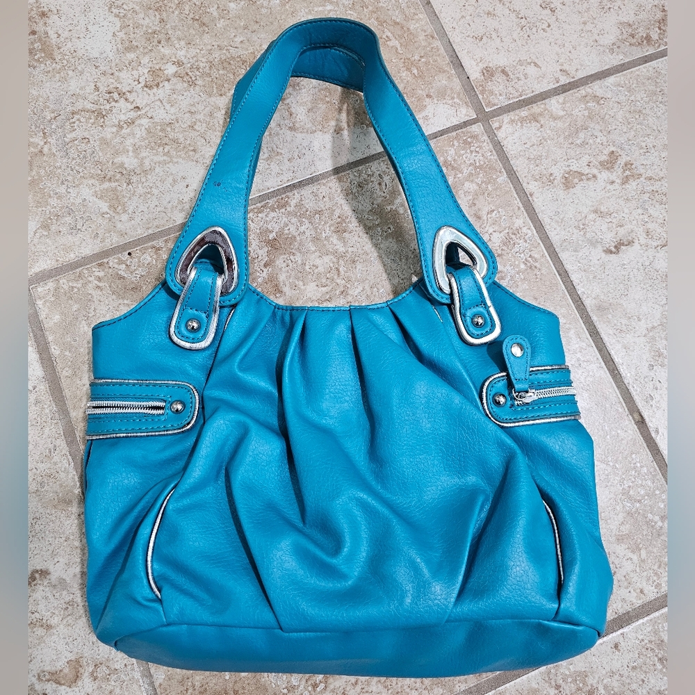 Nine & Co Womens Teal Faux Leather Shoulder Bag Medium Tote Purse Y2K Casual - Picture 3 of 7
